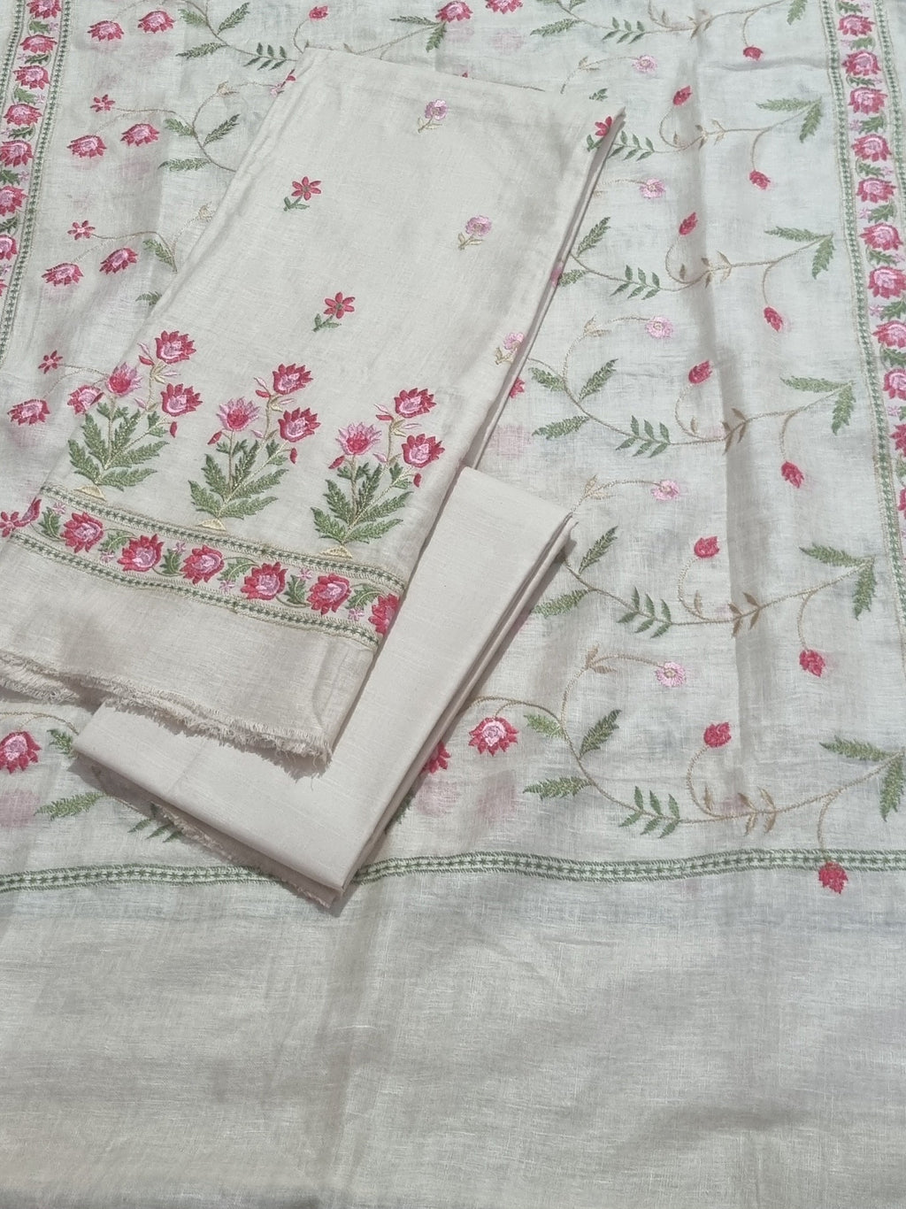Floral Machine Embroidery Linen Suit Fabric Close-Up – Pale Yellow Unstitched 3-Piece Set