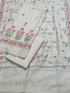 Floral Machine Embroidery Linen Suit Fabric Close-Up – Pale Yellow Unstitched 3-Piece Set