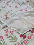Floral Machine Embroidery Linen Suit Fabric Close-Up – Pale Yellow Unstitched 3-Piece Set