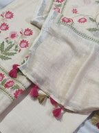 Indian Handloom 3-Piece Unstitched Suit – Pale Yellow Linen with Floral Machine Embroidery