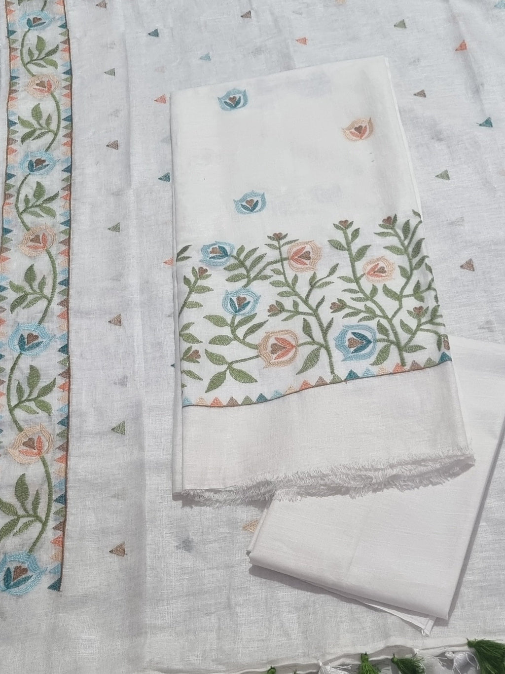 Floral Machine Embroidery Linen Suit Fabric Close-Up – White Unstitched 3-Piece Set
