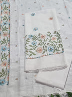 Floral Machine Embroidery Linen Suit Fabric Close-Up – White Unstitched 3-Piece Set