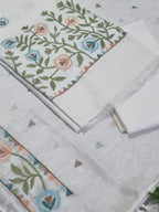 White Linen Unstitched Suit – Floral Embroidery Detail Indian Handloom