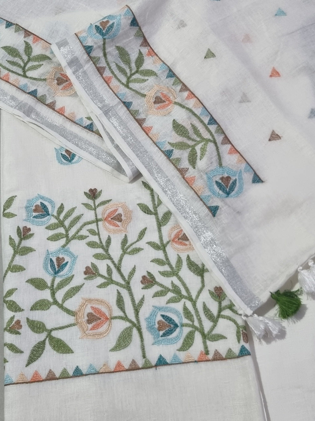 White Linen Unstitched Suit Set – Floral Machine Embroidery Indian Handloom Fabric Detail