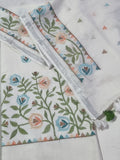 White Linen Unstitched Suit Set – Floral Machine Embroidery Indian Handloom Fabric Detail