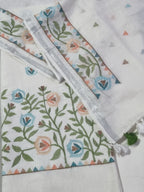White Linen Unstitched Suit Set – Floral Machine Embroidery Indian Handloom Fabric Detail