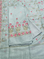 Floral Machine Embroidery Linen Suit Fabric Close-Up – Aqua Green Unstitched 3-Piece Set | Daily Drifts
