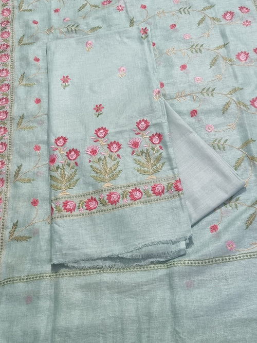 Floral Machine Embroidery Linen Suit Fabric Close-Up – Aqua Green Unstitched 3-Piece Set | Daily Drifts