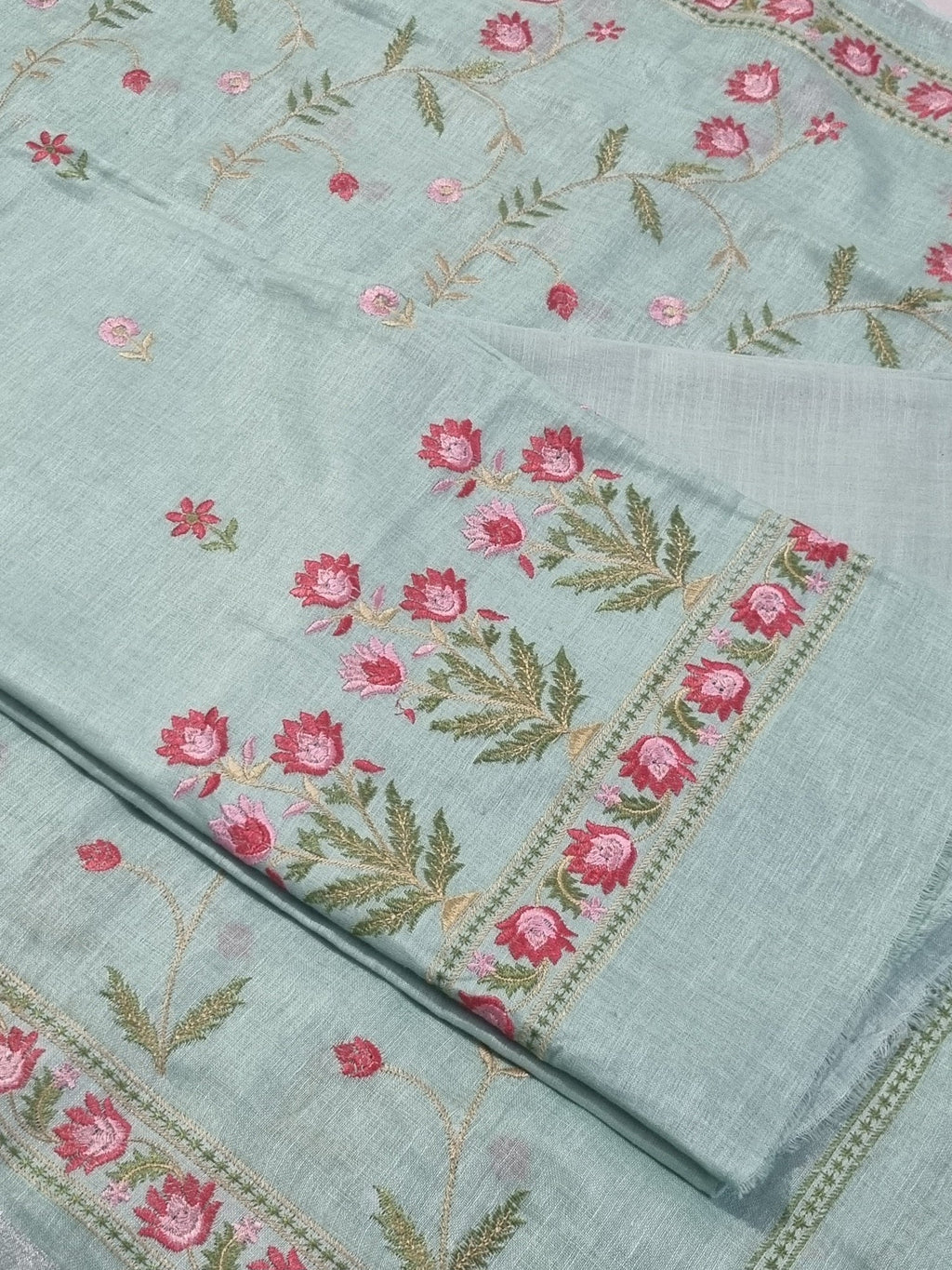 Aqua Green Linen Unstitched Suit Set – Floral Machine Embroidery Indian Handloom Fabric Detail