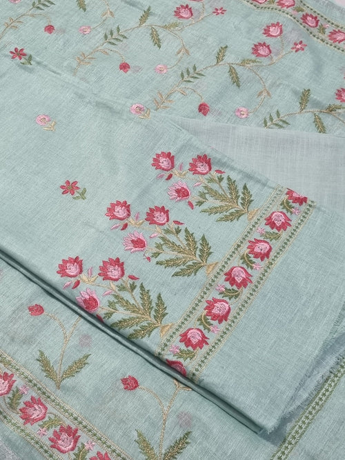 Aqua Green Linen Unstitched Suit Set – Floral Machine Embroidery Indian Handloom Fabric Detail