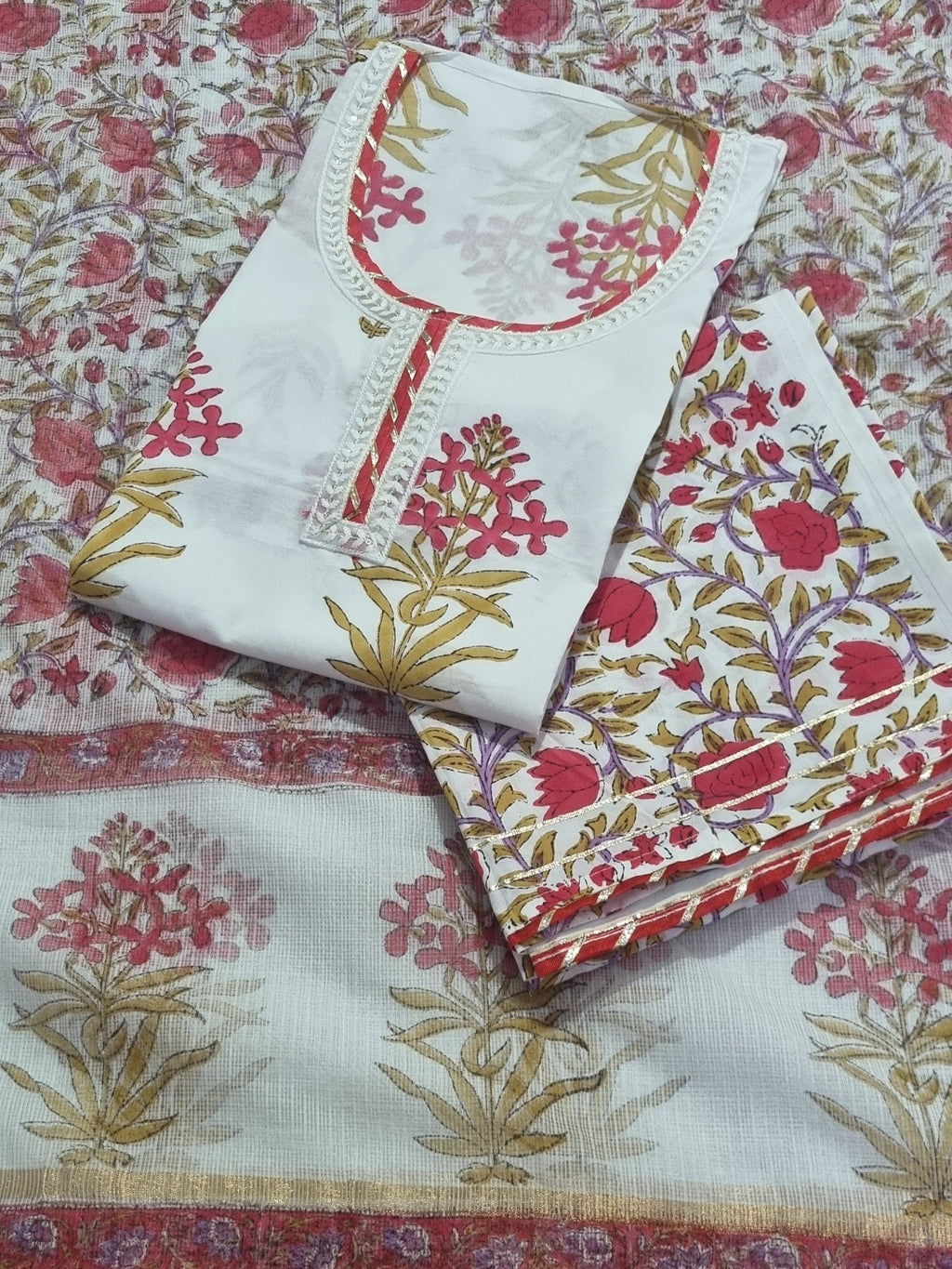 3-piece unstitched suit set with Mughal block print on white cotton – front view