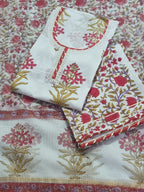 3-piece unstitched suit set with Mughal block print on white cotton – front view
