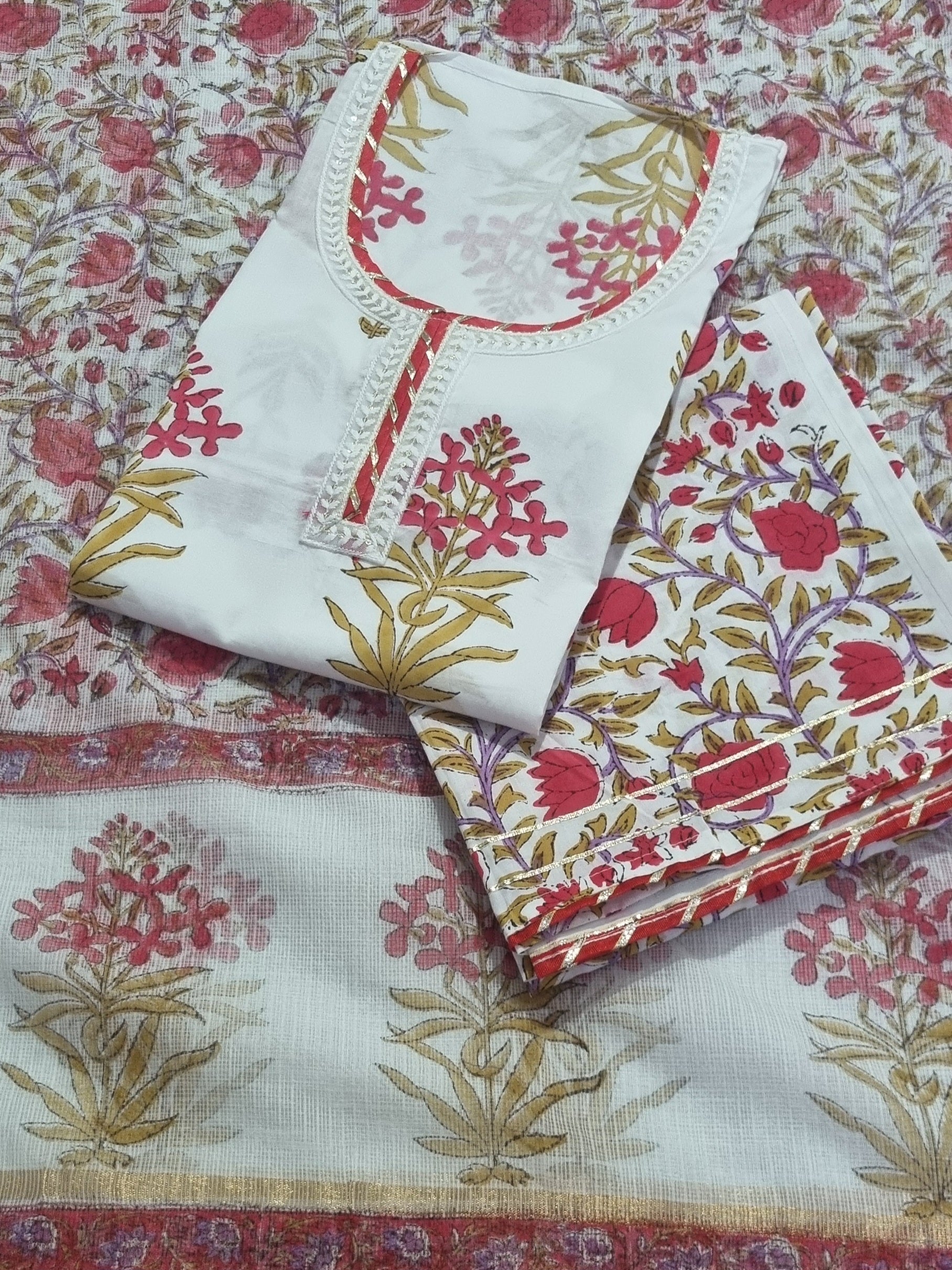 3-piece unstitched suit set with Mughal block print on white cotton – front view