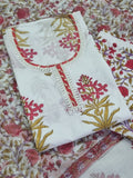 Block print cotton kurta with Gota Patti neckline and white lace daman – detail view