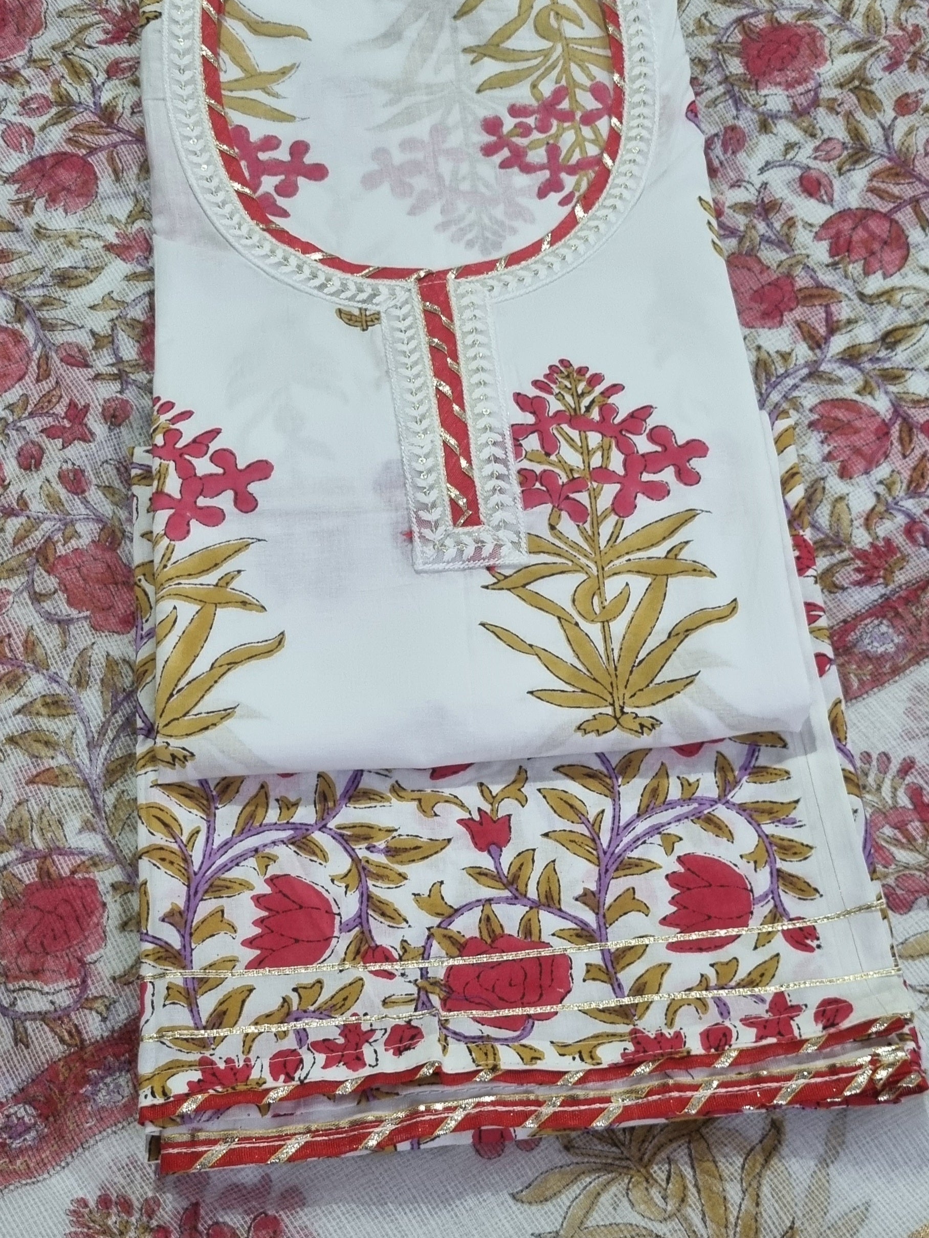 Floral block-printed cotton bottom with Gota Patti work – unstitched salwar fabric