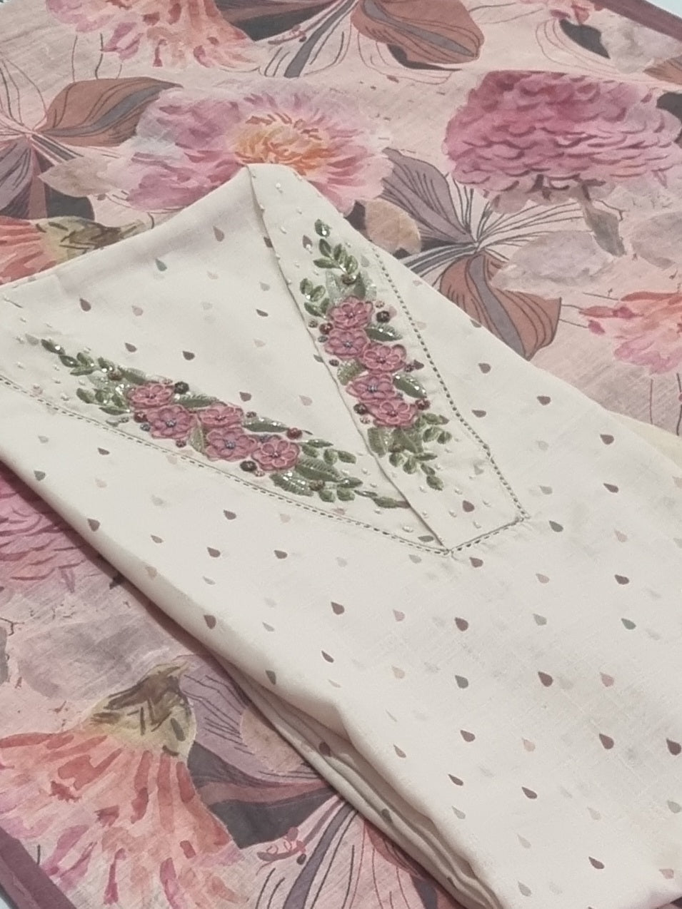 Light Beige Handloom Cotton Linen Unstitched Suit Set – Full View