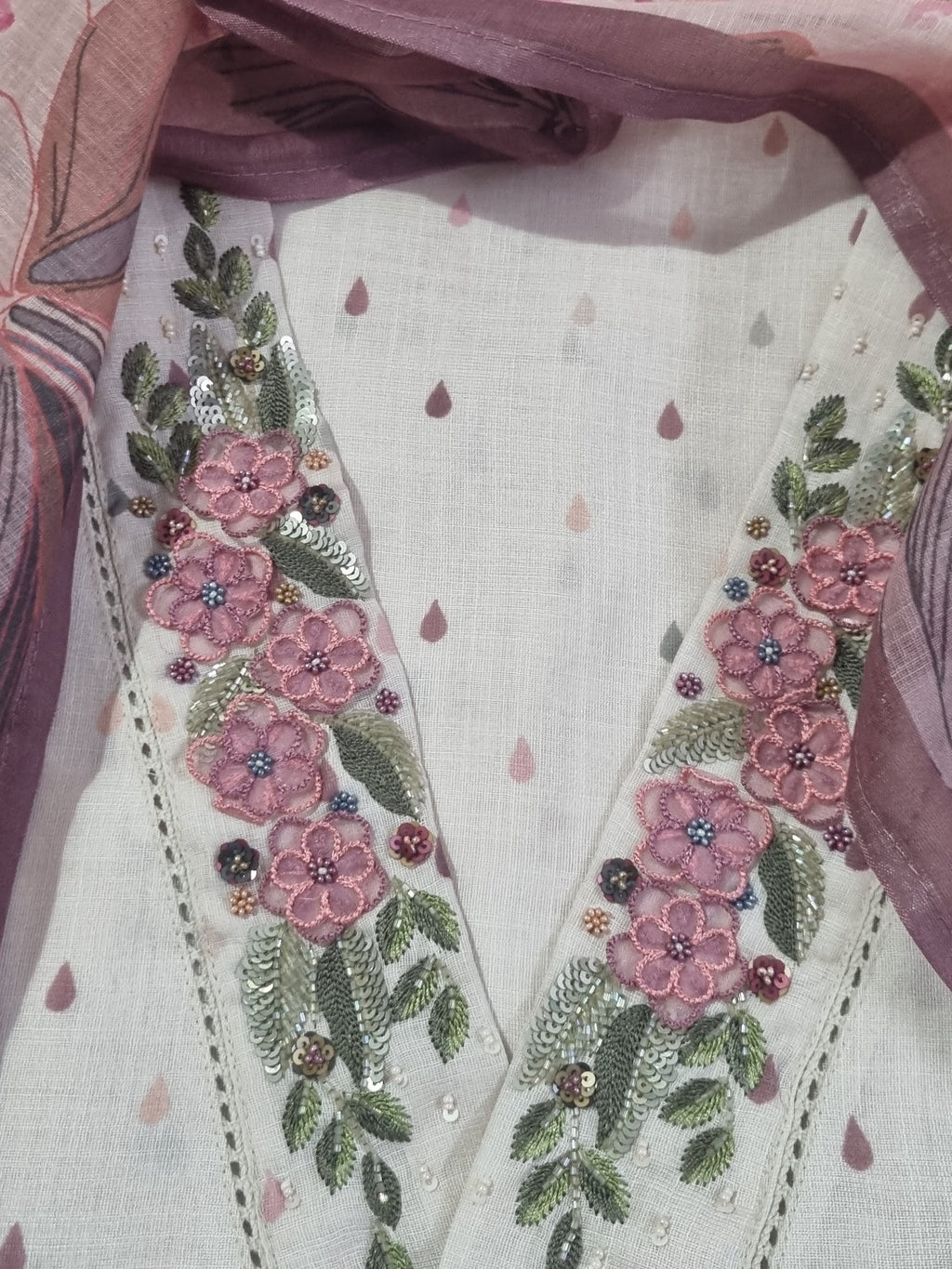 Embroidered Cotton Linen Suit Material – Light Beige – Close-up Detail