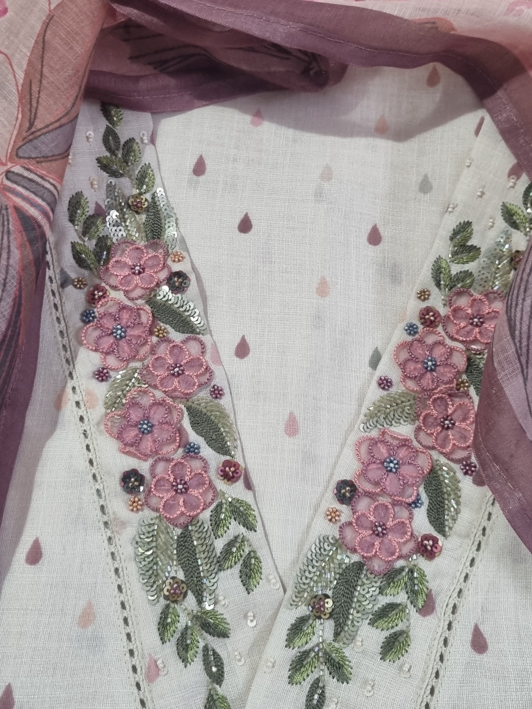 Embroidered Cotton Linen Suit Material – Light Beige – Close-up Detail