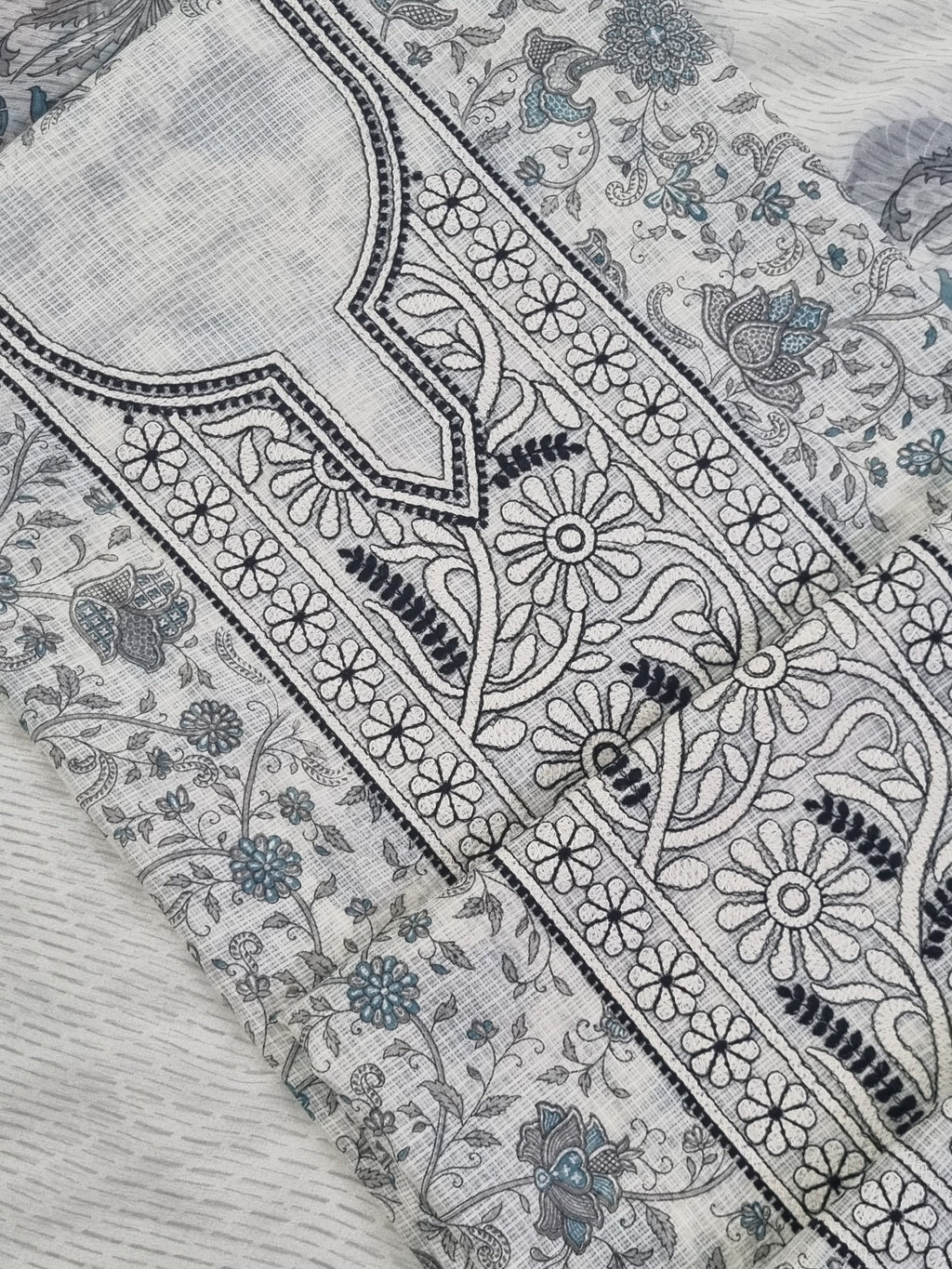 Chikankari embroidery close-up – off white black Kota unstitched suit set
