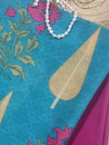 Close-up of Peacock Blue Malai Chanderi Silk Fabric - Ultra-Soft Buttery Finish with Subtle Luster