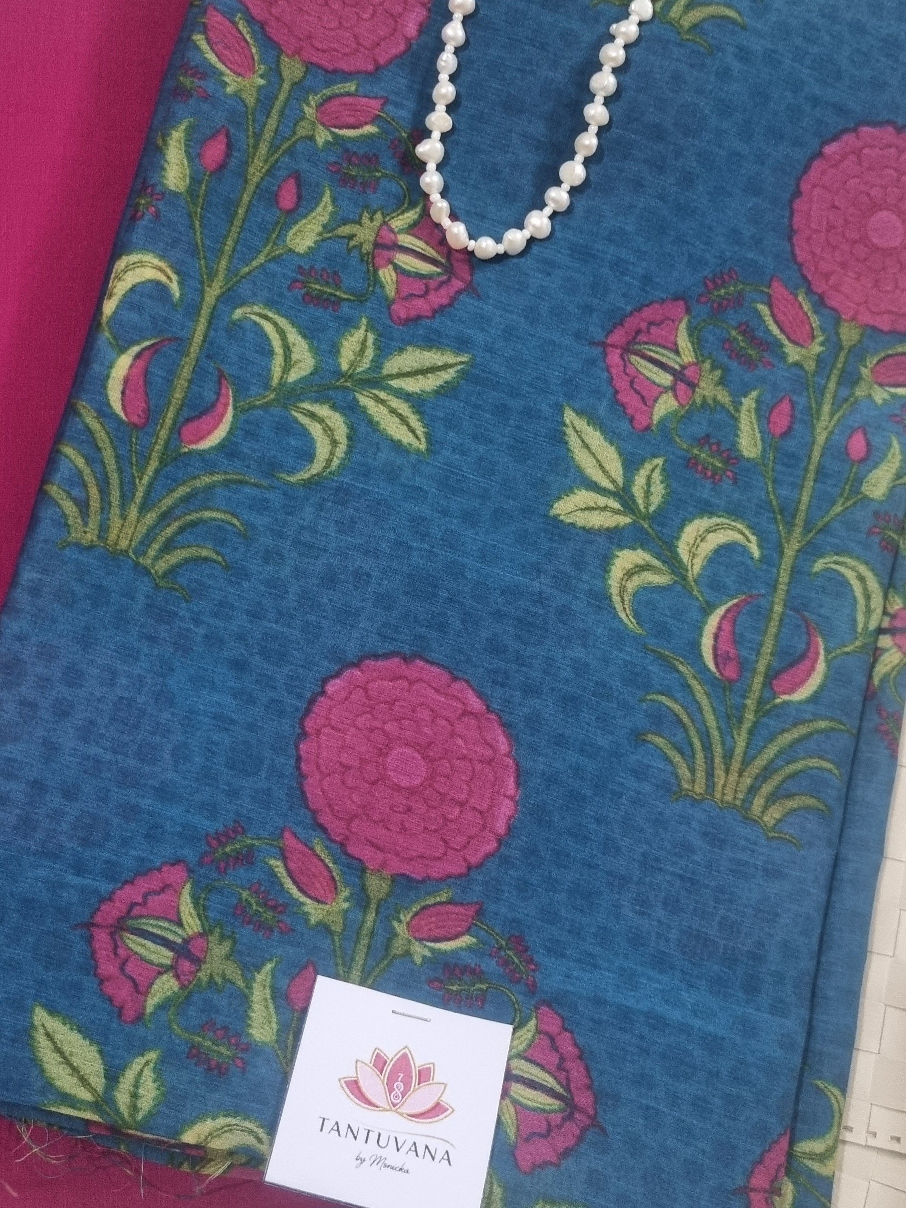 Detail of Malai Chanderi Silk Top Fabric in Blue - 2.5 Mts Unstitched | Tantuvanacrafts