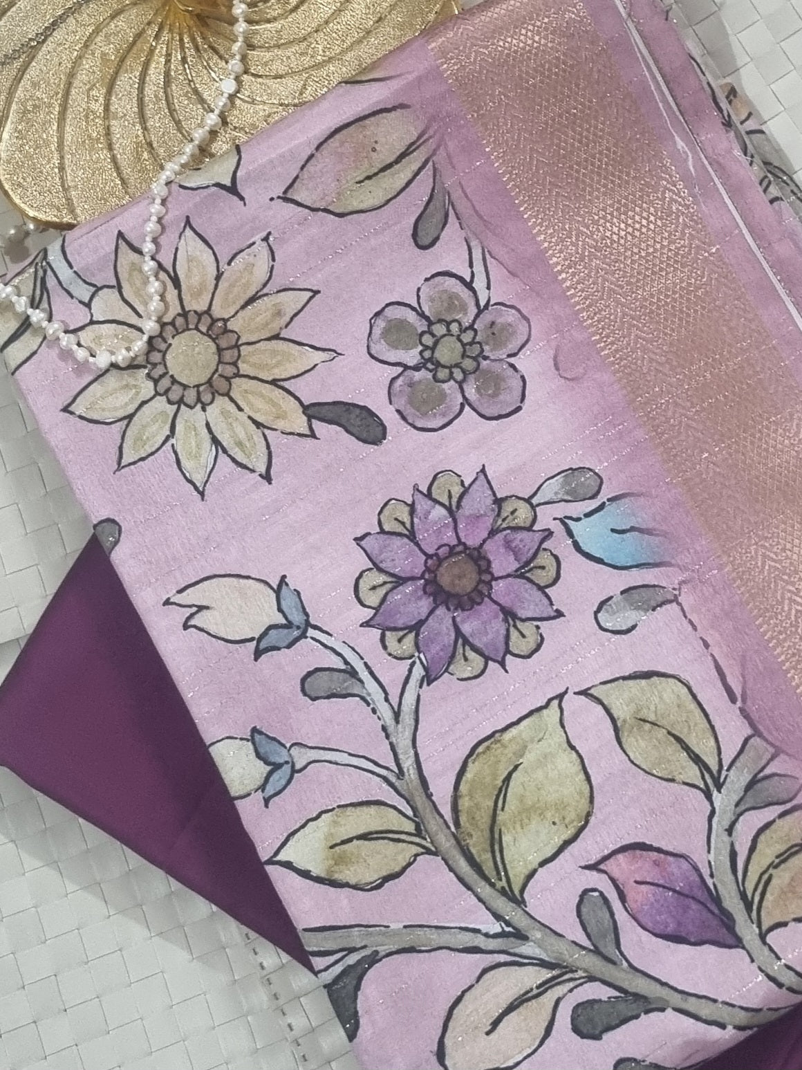 Handloom Banarasi Semi Tussar unstitched suit fabric in pink and mauve tones