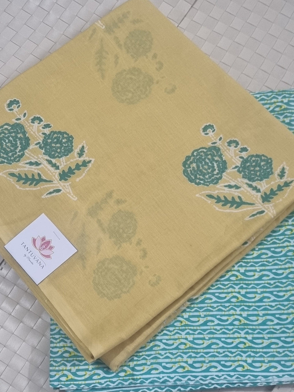 Floral Booti & Striped Block Print 2-Piece Co-ord Set | Yellow & Green | Indian Handloom
