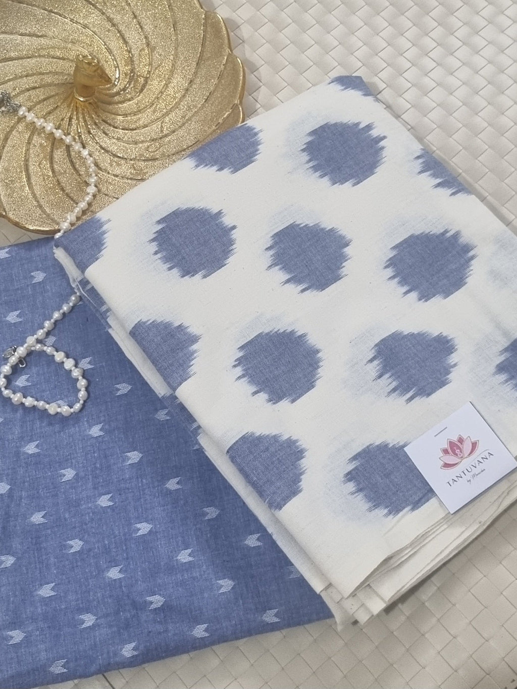 Cream and blue Ikat fabric close-up – handloom unstitched suit material