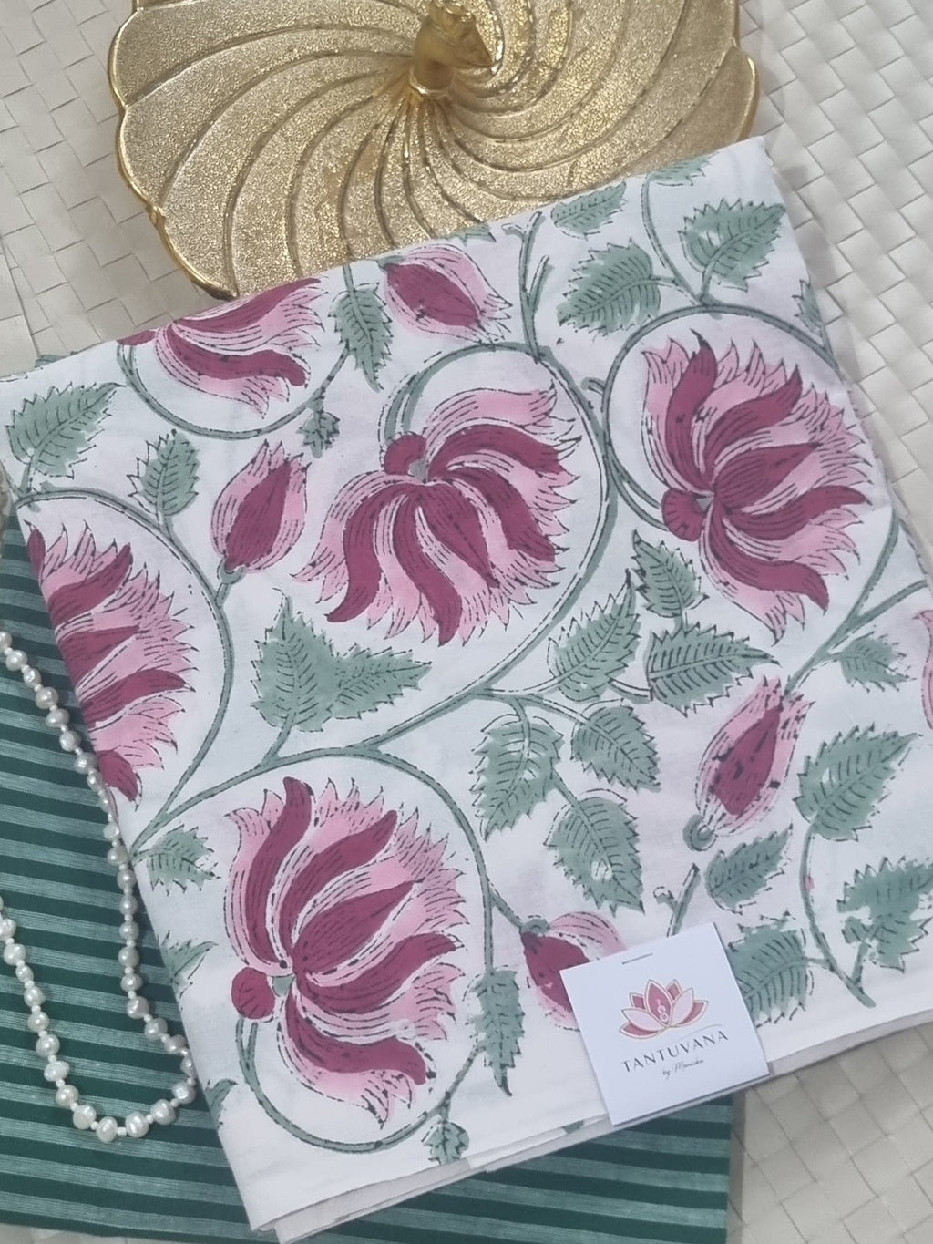 Indian handloom 2-piece unstitched suit set – lotus block print cotton fabric in pink and green, ethnic wear for women