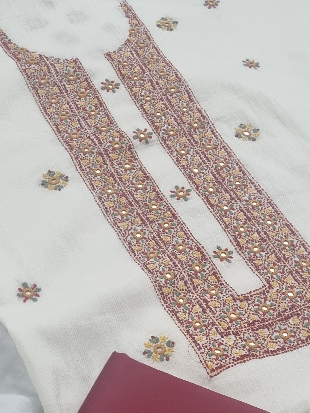 Kantha embroidery with real mirror work on cotton fabric – unstitched co-ord set front view
