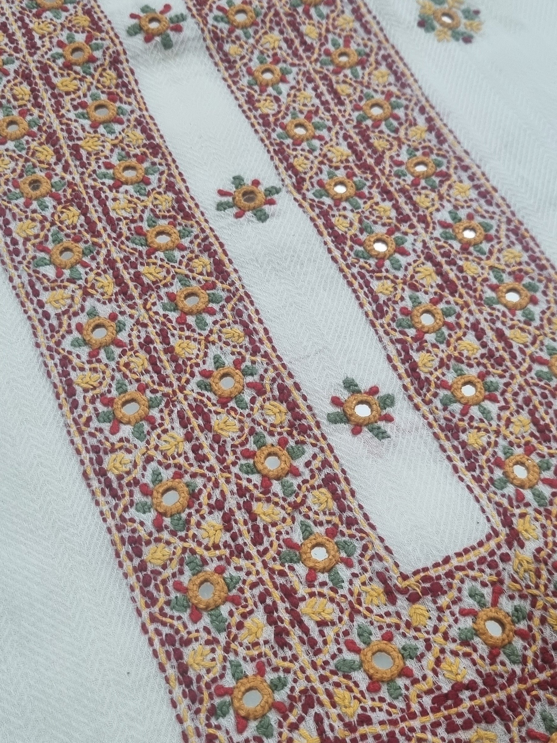 Indian handloom cotton unstitched suit set with Kantha hand embroidery detail
