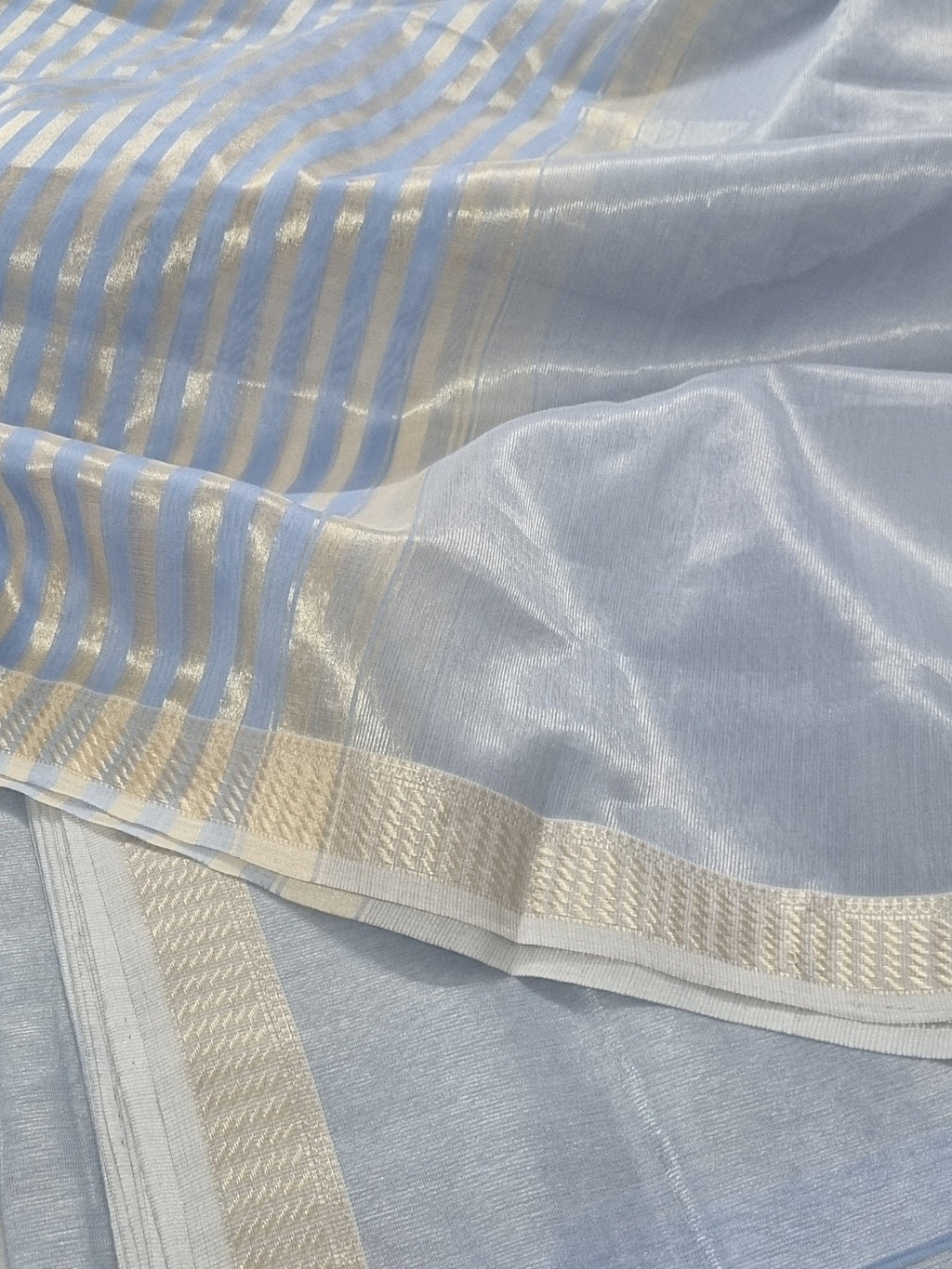 Powder Blue Maheshwari Handwoven Silk Kurta fabric with Zari border – unstitched suit material