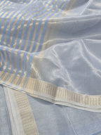 Powder Blue Maheshwari Handwoven Silk Kurta fabric with Zari border – unstitched suit material