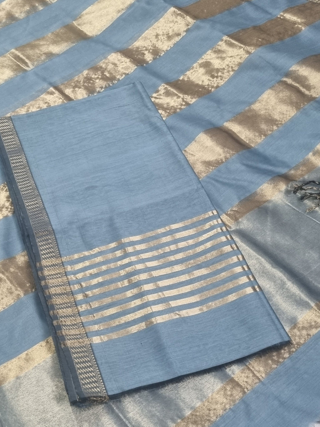 Maheshwari Silk Zari 2-Piece Unstitched Suit Set in Peacock Blue – full set flat lay