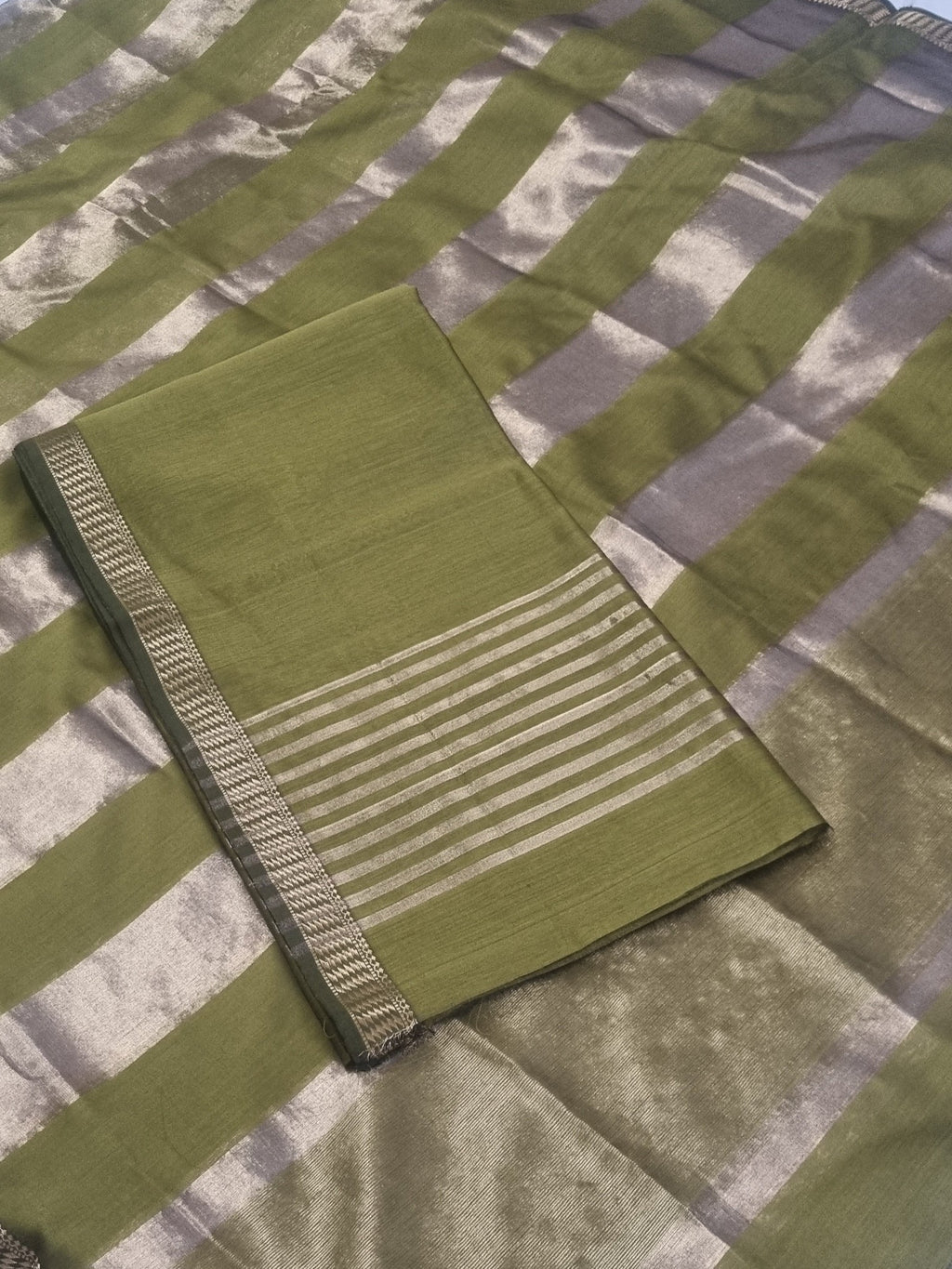 Maheshwari Silk Zari 2-Piece Unstitched Suit Set in Mehandi Green – full set flat lay