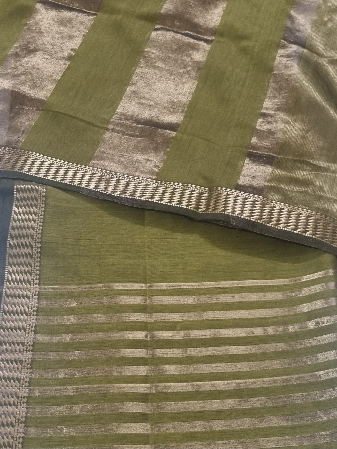 Mehandi green Maheshwari handloom suit fabric – close-up of Zari border and weave texture