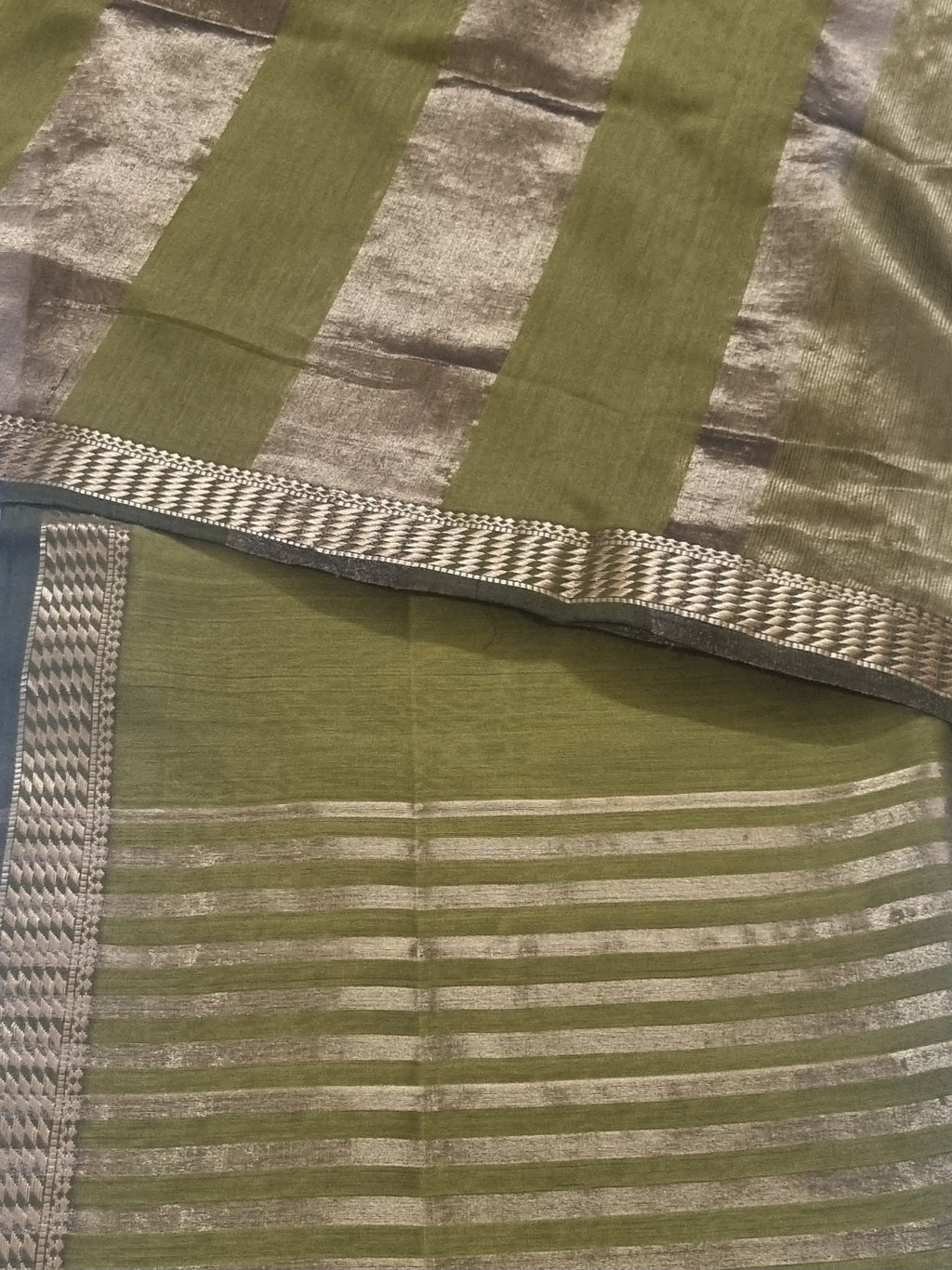 Mehandi green Maheshwari handloom suit fabric – close-up of Zari border and weave texture