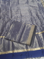 Maheshwari Silk Zari 2-Piece Unstitched Suit Set in Royal Blue – full set flat lay