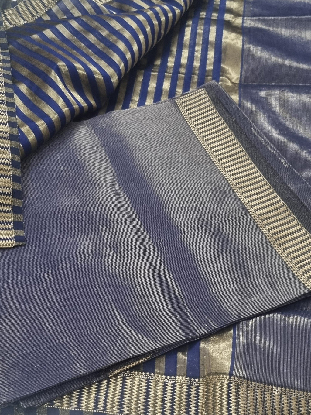Royal Blue Maheshwari Silk unstitched suit – draped dupatta with gold Zari border