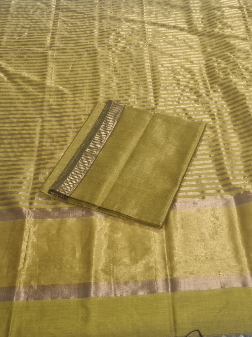 Greenish Yellow Maheshwari Silk Zari Unstitched Suit Set – Detail View