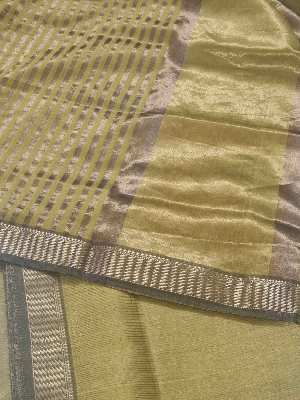 Maheshwari Silk Zari Suit Set Greenish Yellow – Fabric Close-Up