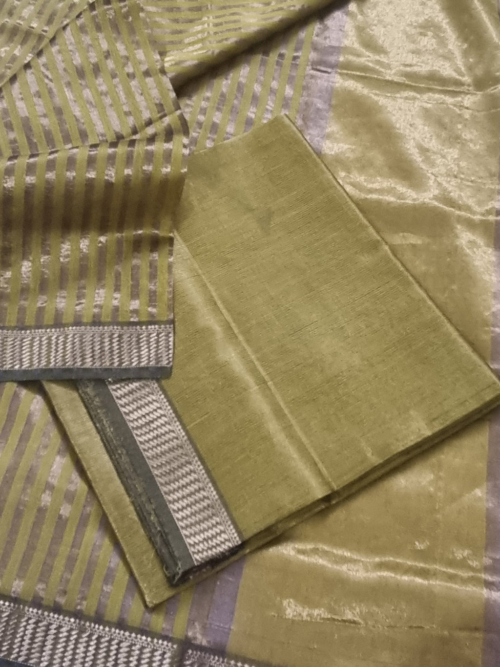 Maheshwari Silk Zari 2-Piece Unstitched Suit Set in Greenish Yellow – Indian Handloom