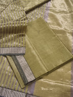 Maheshwari Silk Zari 2-Piece Unstitched Suit Set in Greenish Yellow – Indian Handloom