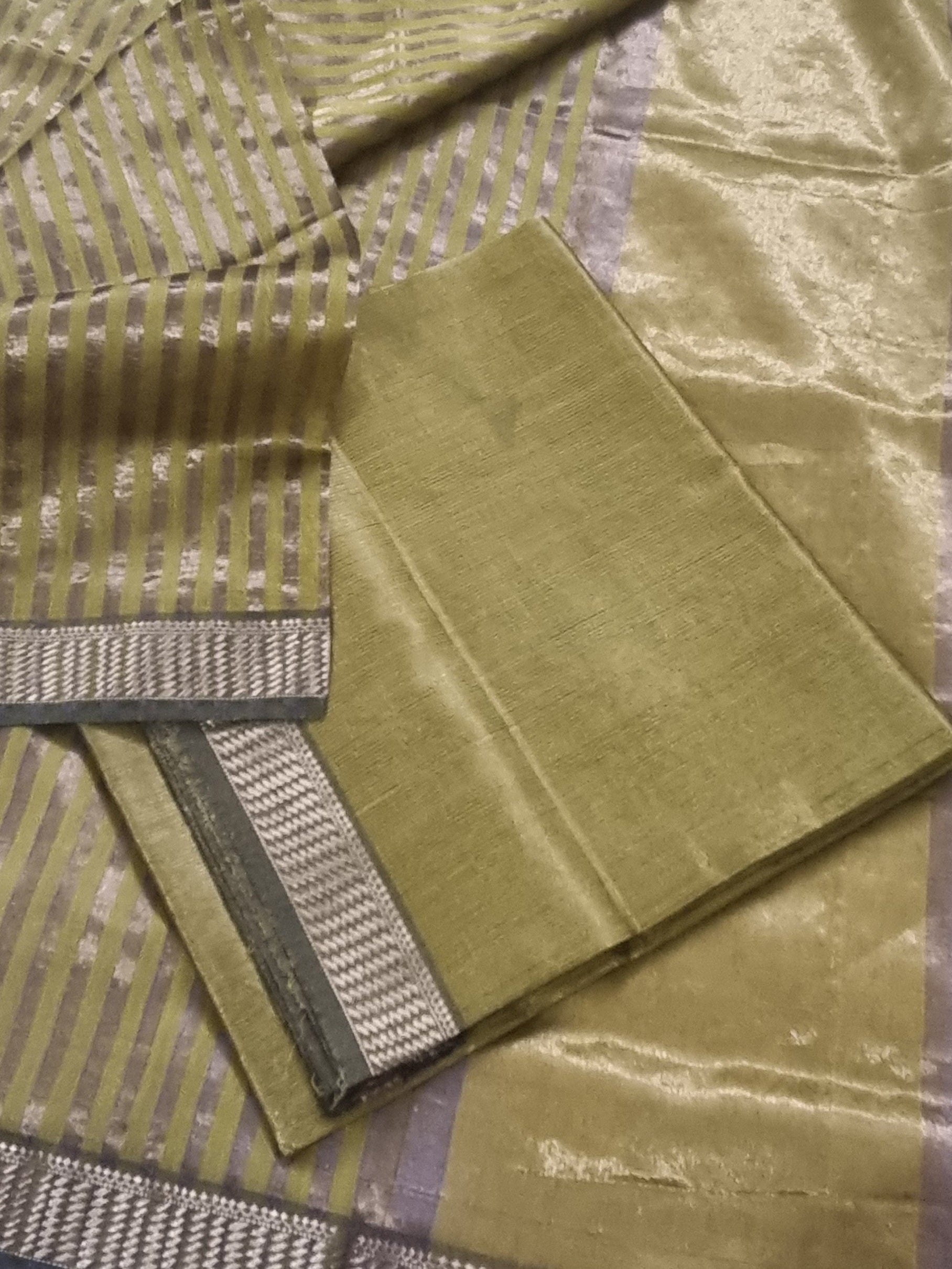 Maheshwari Silk Zari 2-Piece Unstitched Suit Set in Greenish Yellow – Indian Handloom
