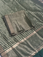Maheshwari Silk Zari unstitched suit in deep forest green – draped dupatta with Zari border detail