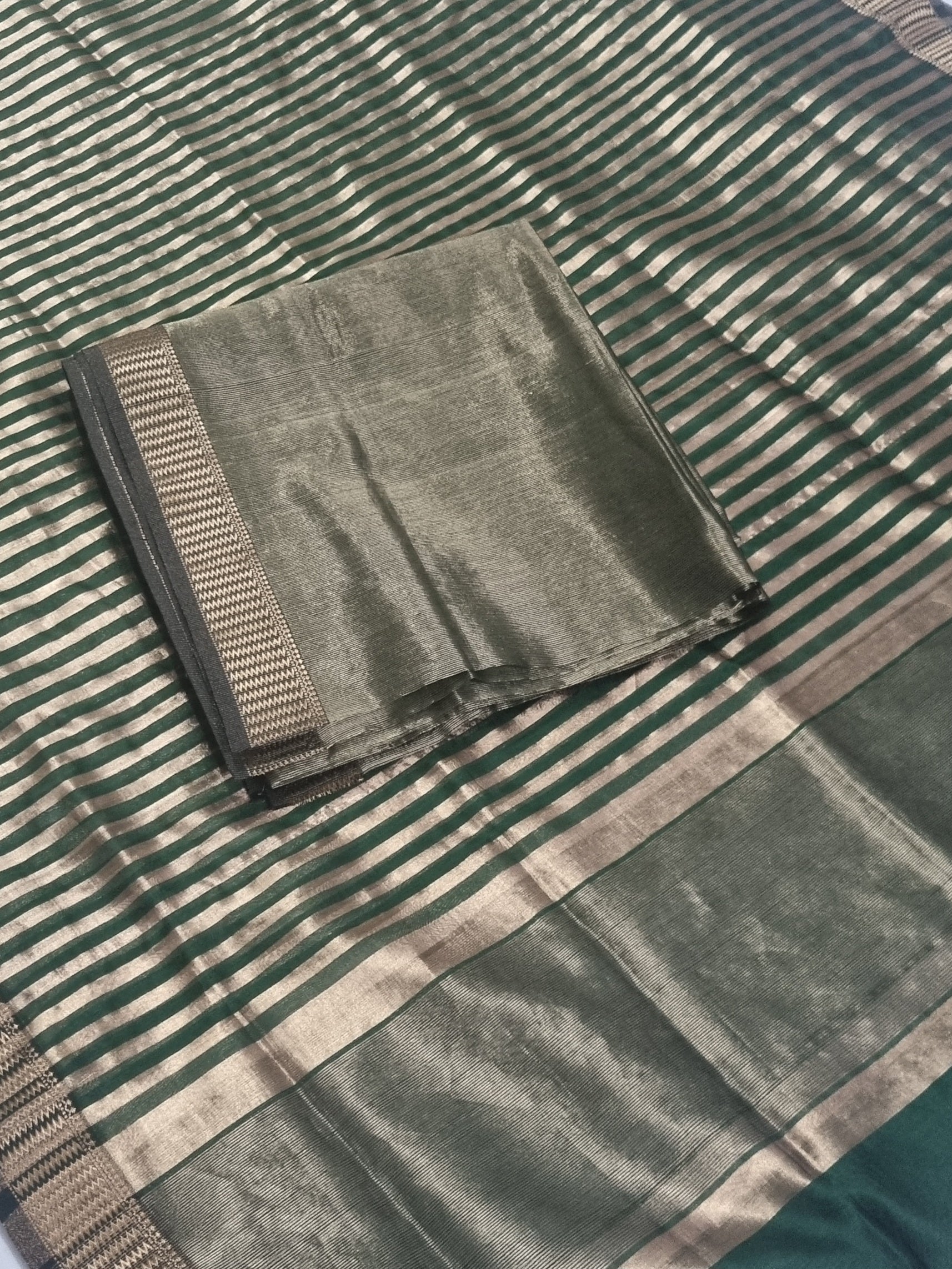 Maheshwari Silk Zari unstitched suit in deep forest green – draped dupatta with Zari border detail