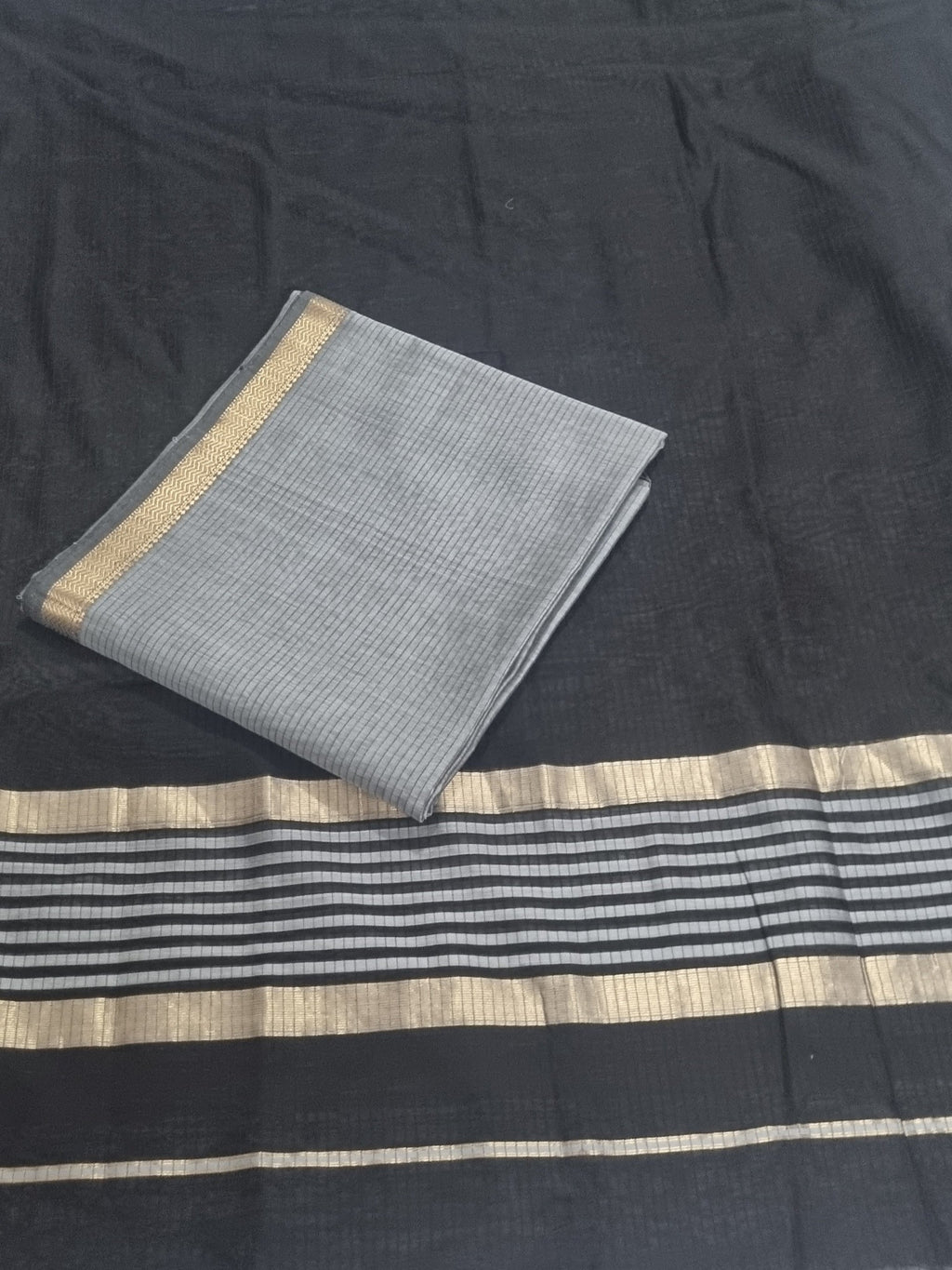 Maheshwari Silk Zari 2-Piece Suit Set Grey Black – Styled Flat Lay