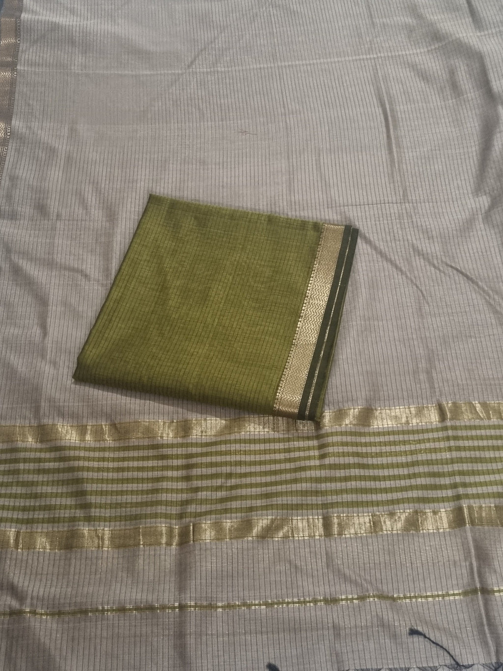 Maheshwari Silk Zari 2-Piece Suit Set Mehandi Green Slate Grey – Styled Flat Lay