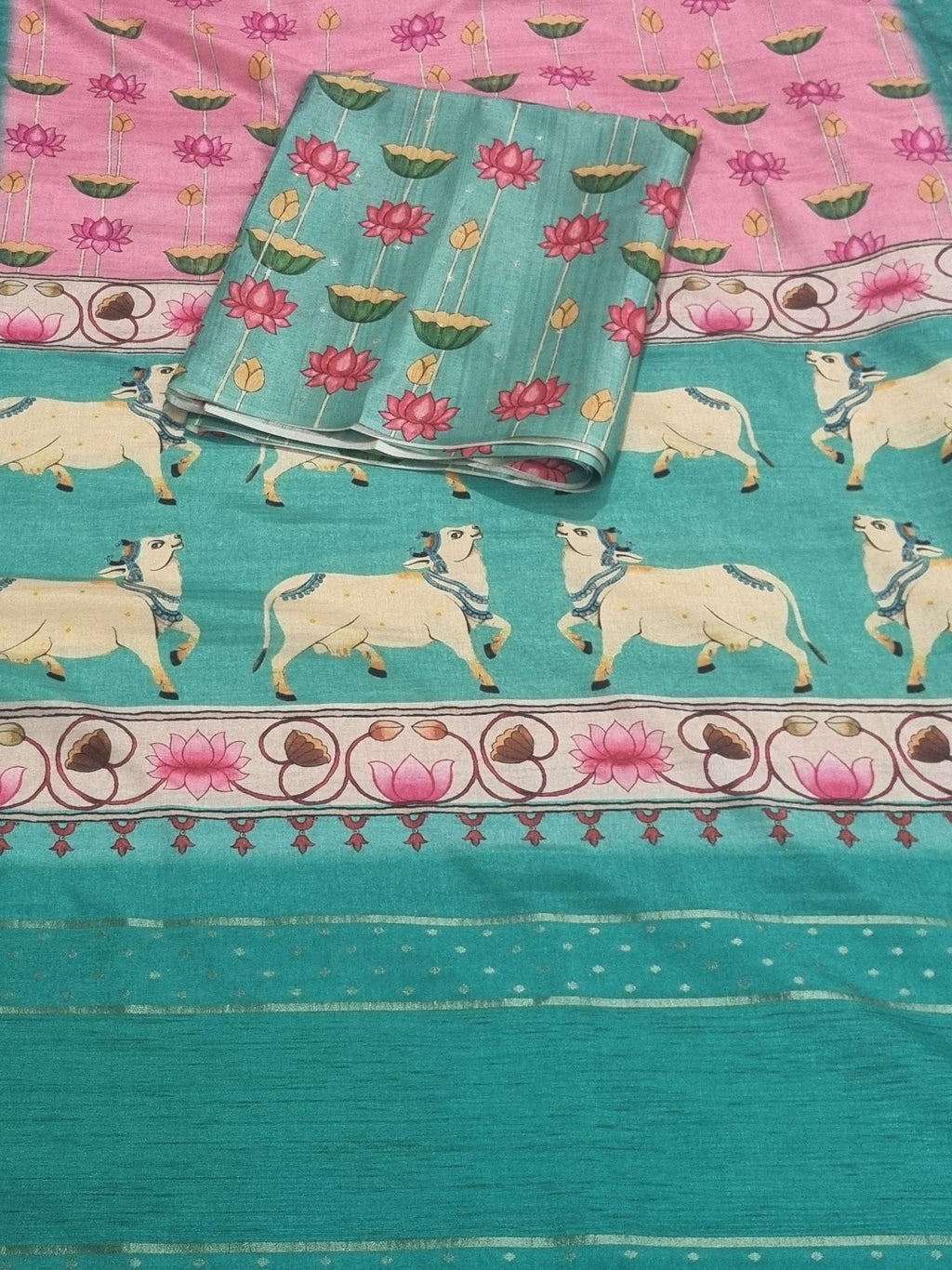 Flat Lay of Pichwai Print Banarasi Semi Tussar 2-Piece Suit – Peacock Blue-Green Top & Pink Bottom | Tantuvanacrafts