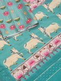Close-up of Pink Bottom Fabric – Pichwai Print Banarasi Semi Tussar Unstitched Suit | Tantuvanacrafts